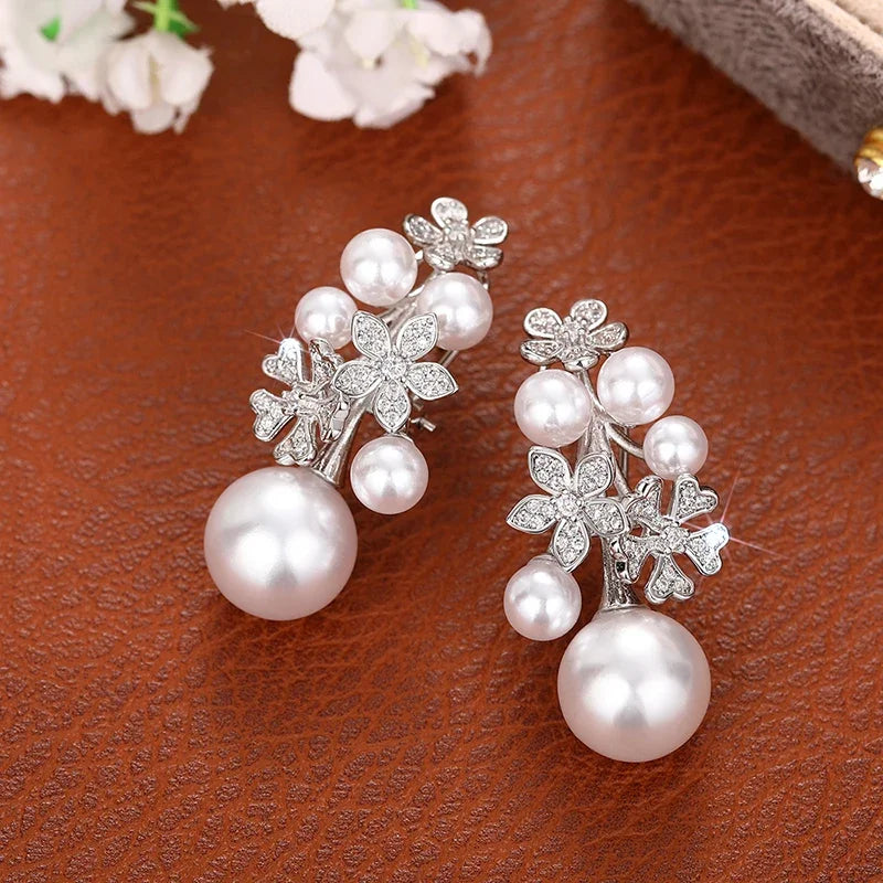 Huitan recém-projetado flor brincos com imitação elegante pérola noivado casamento brincos estéticos para mulheres moda jóias