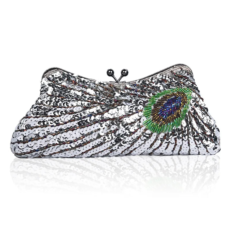 Moda fina pavão lantejoulas jantar sacos de noite para mulheres retro na moda champanhe azul corrente bolsa ombro crossbody festa bolsa