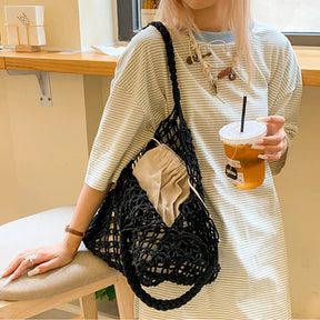 Bolsa feminina de grande capacidade, bolsa de ombro vazada, bolsa de praia de viagem vintage, pacote de compras