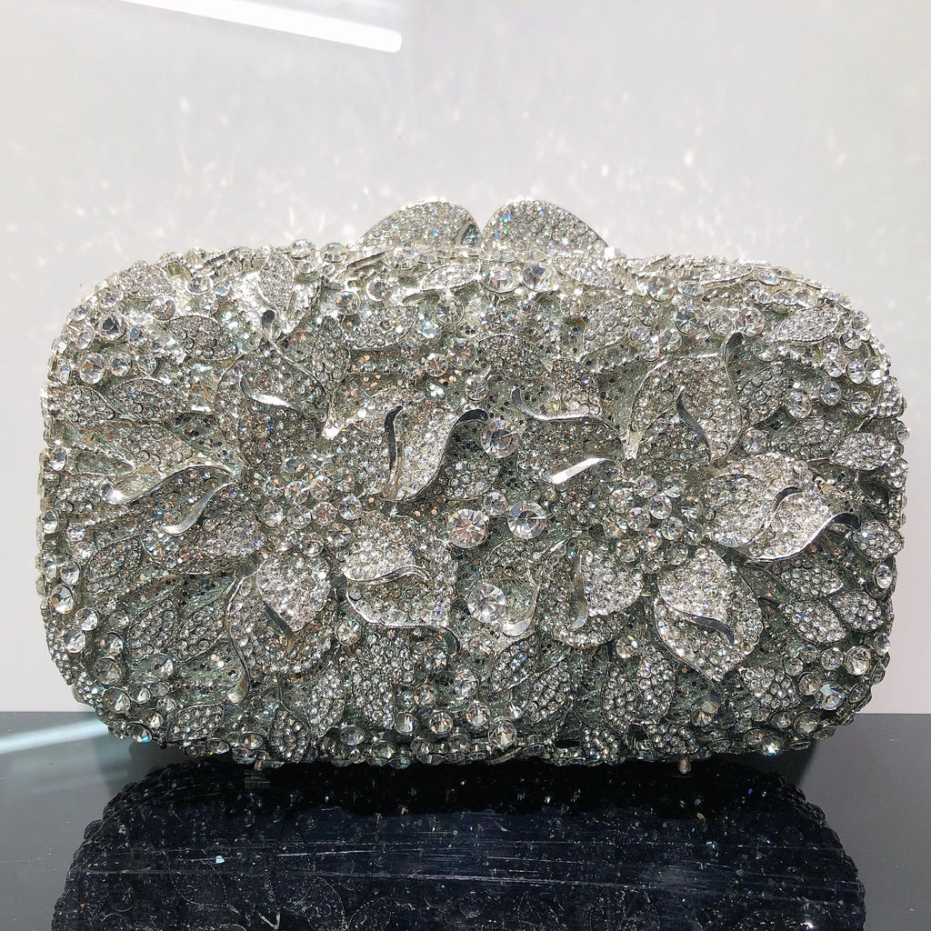Fornecimento de fábrica glitter flor metal dourado elegante cristal bolsa embreagem strass festa casamento bolsa feminina bolsa de noite