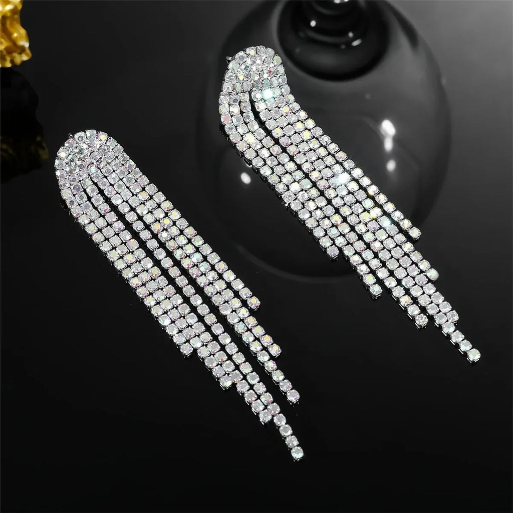 Brilho longo borla strass brincos para mulheres ab colorido prata cor cristal balançar brinco festa de casamento jóias