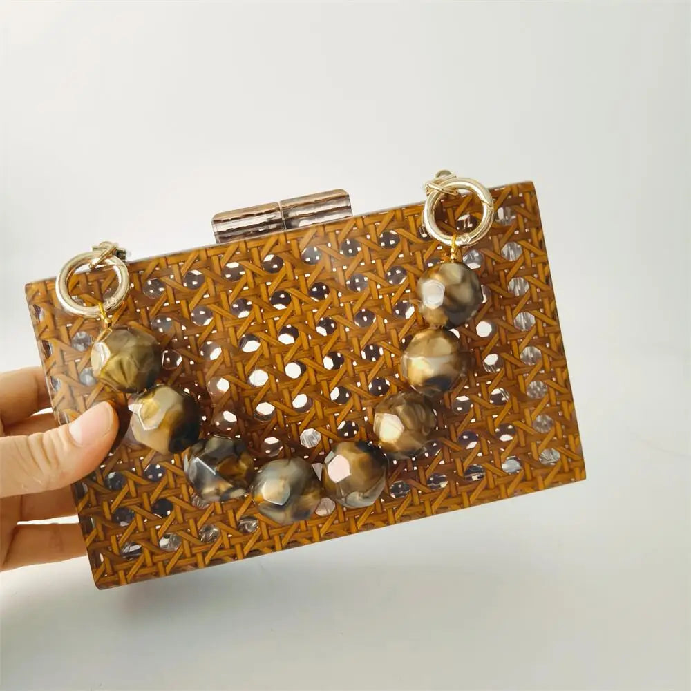 Acrílico ovo cana rattan saco de embreagem luxo festa casamento bolsa verão praia marrom escuro aleta bolsa feminina senhora designer bolsa