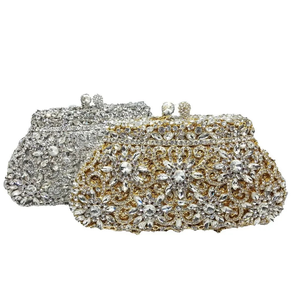 Flor coroa prata cristal embreagem para mulheres, bolsa de noite, saco de baile, embreagens nupciais, bolsa de casamento, boutique de fgg, em estoque