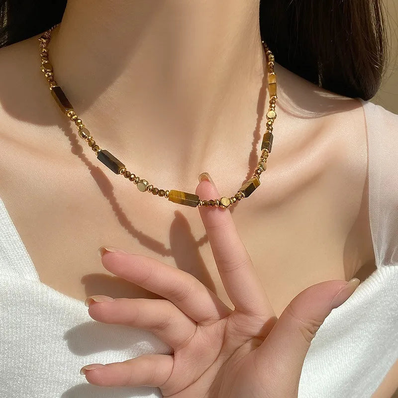 Vintage marrom natural tigre olho pedra gargantilha colar para mulher 2025 nova moda artesanal frisado corrente colar jóias presente