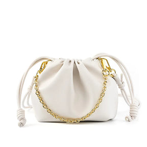 Couro genuíno rugas nuvem bolsa feminina corrente decoração mini balde saco versátil ombro crossbody saco