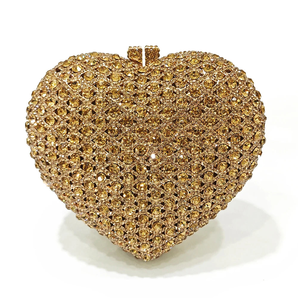 Ouro cristal saco de noite strass coração diamante casamento cristal luxo designer senhoras festa mini bolsa minaudiere bolsas