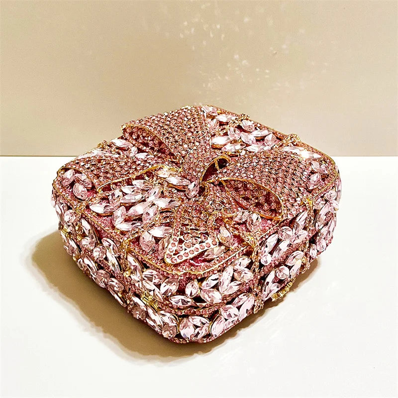 Caixa de presente com laço de borboleta incrustada com diamantes, bolsa quadrada pequena de mão com strass de alta qualidade, bolsa de ombro crossbody