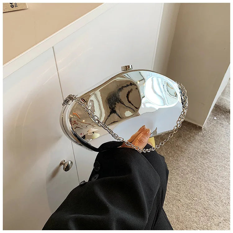 Acrílico Shell Forma Embreagem para Senhoras, Bolsa de Metal Brilhante, Ouro, Prata, Ovo Azul, Bolsa para Festa, Bolsas de Designer Bonitas, Bolsa Presente, Novo