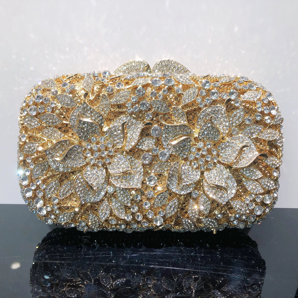 Fornecimento de fábrica glitter flor metal dourado elegante cristal bolsa embreagem strass festa casamento bolsa feminina bolsa de noite
