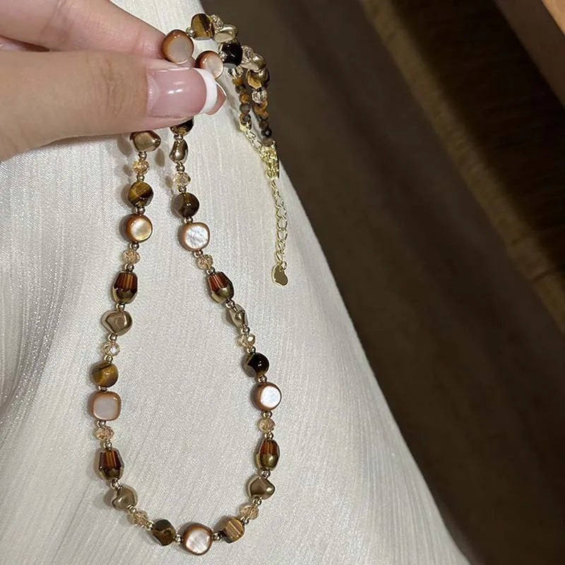 Vintage marrom natural tigre olho pedra gargantilha colar para mulher 2025 nova moda artesanal frisado corrente colar jóias presente
