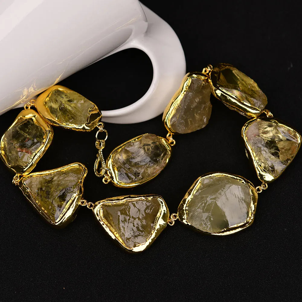 G-G 18 '' Natural Limão Quartzo Grande Bruto Borda de Ouro Banhado Gargantilhas Colar