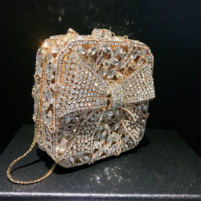 Caixa de presente com laço de borboleta incrustada com diamantes, bolsa quadrada pequena de mão com strass de alta qualidade, bolsa de ombro crossbody