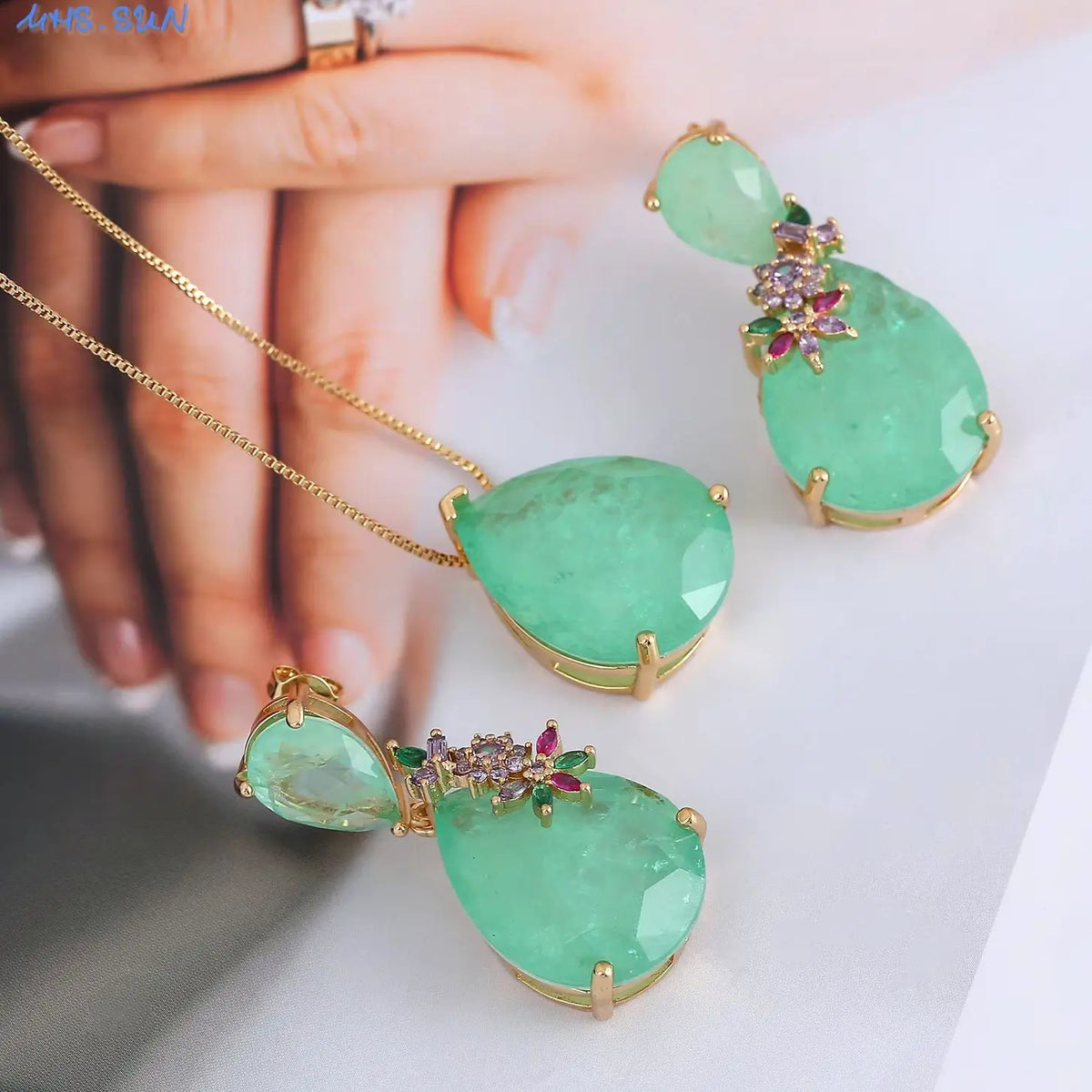 sun luxo gota de água colar brinco para festa de casamento feminino verde vermelho pedra conjunto jóias natal presentes do dia dos namorados