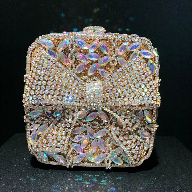 Caixa de presente com laço de borboleta incrustada com diamantes, bolsa quadrada pequena de mão com strass de alta qualidade, bolsa de ombro crossbody