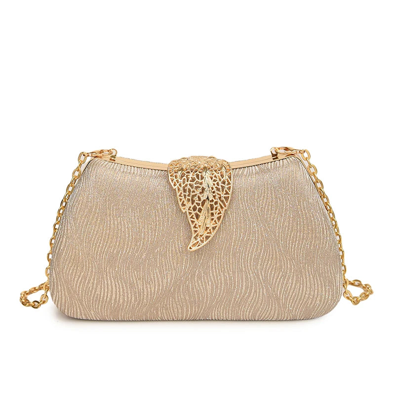 Saco de banquete de fivela de folha elegante, Bolsa portátil com corrente versátil, Vestido Cruz Diagonal, Novo, 2024