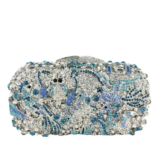 Boutique de fgg luz azul spahire pássaro & flor mulheres cristal embreagem sacos noite casamento nupcial animal strass bolsas