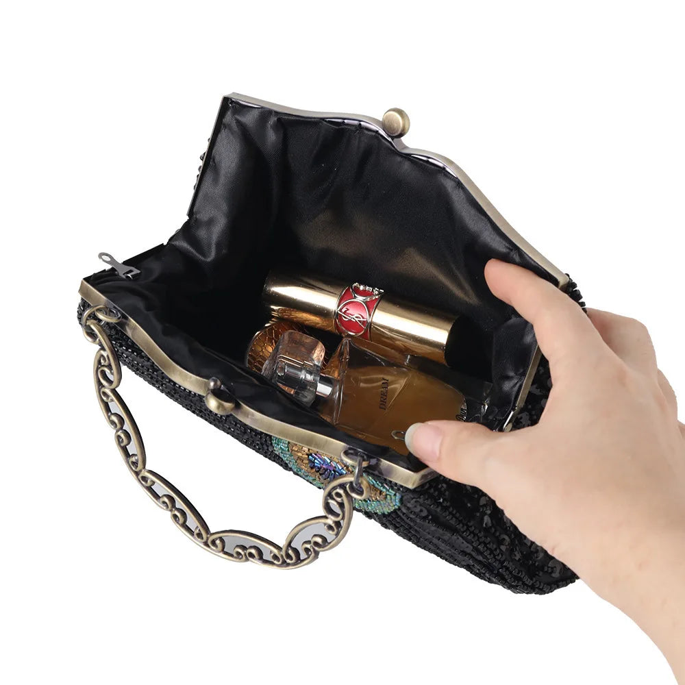 Bolsa retrô crossbody com miçangas brilhantes, para noite, cheongsam, bolsa de nuvem de poliéster macio, formato de zíper, fivela, fechamento, combinação diária