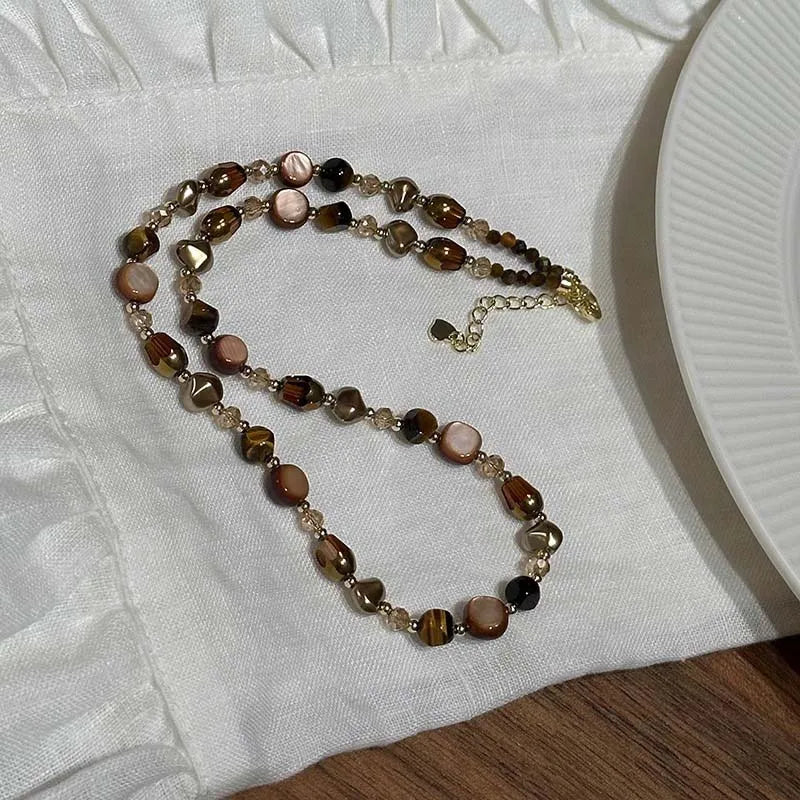 Vintage marrom natural tigre olho pedra gargantilha colar para mulher 2025 nova moda artesanal frisado corrente colar jóias presente