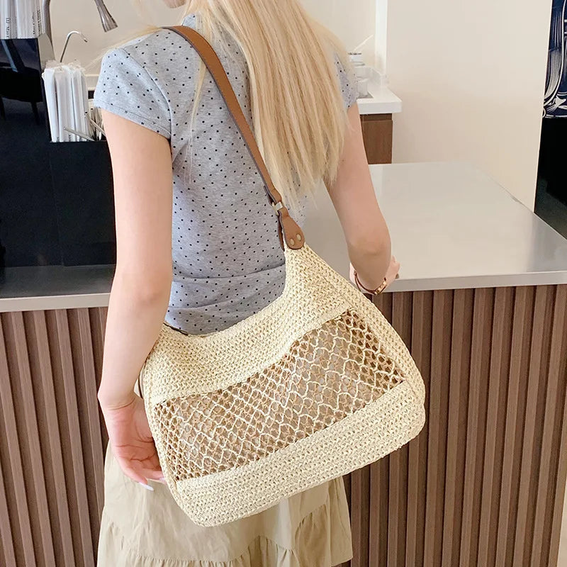 Moda oca grande capacidade casual bolsa de ombro feminina novo estilo verão urbano minimalista palha tecer sacola magnética...