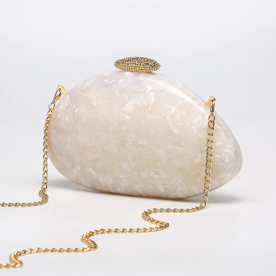 Moda feminina glamourosa elegante novidade em forma de concha bolsa de embreagem acrílico longa corrente saco de noite festa jantar banquete bolsas