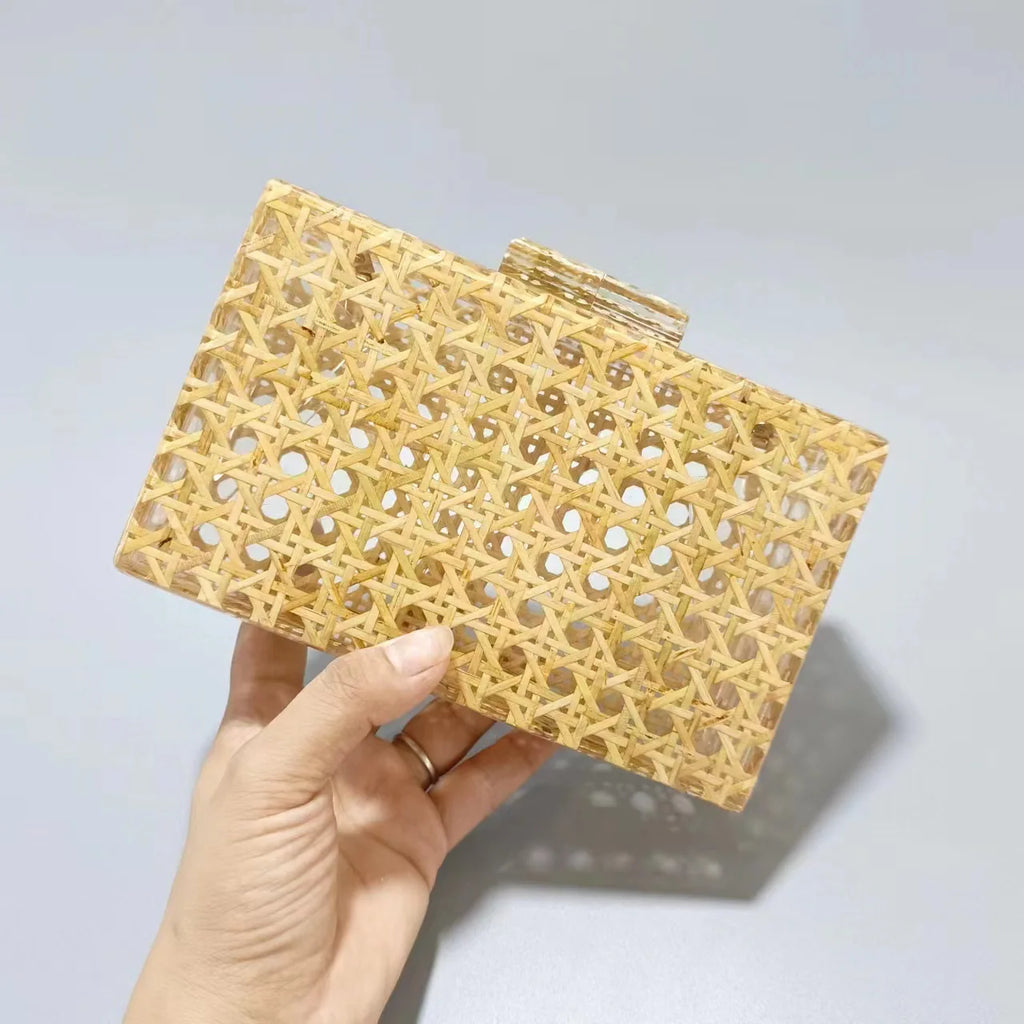 Bolsa de embreagem acrílica sólida Rattan branco para mulheres, bolsa de noite luxuosa, casual box, moda moda bolsas bolsa de festa, nova