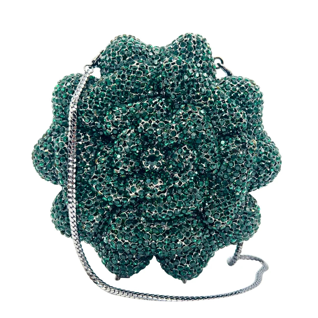 Novo design de luxo em forma de flor superfície diamante incrustado material de metal bolsa de noite feminina embreagem