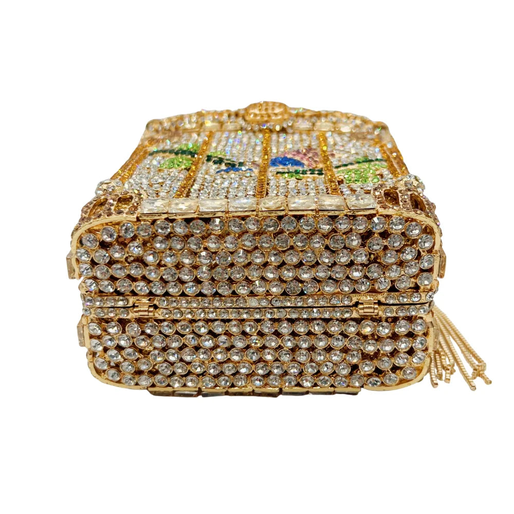 Nova chegou gaiola dourada strass embreagem luxo diamante saco festa pedra bolsa de cristal saco noite bolsa feminina