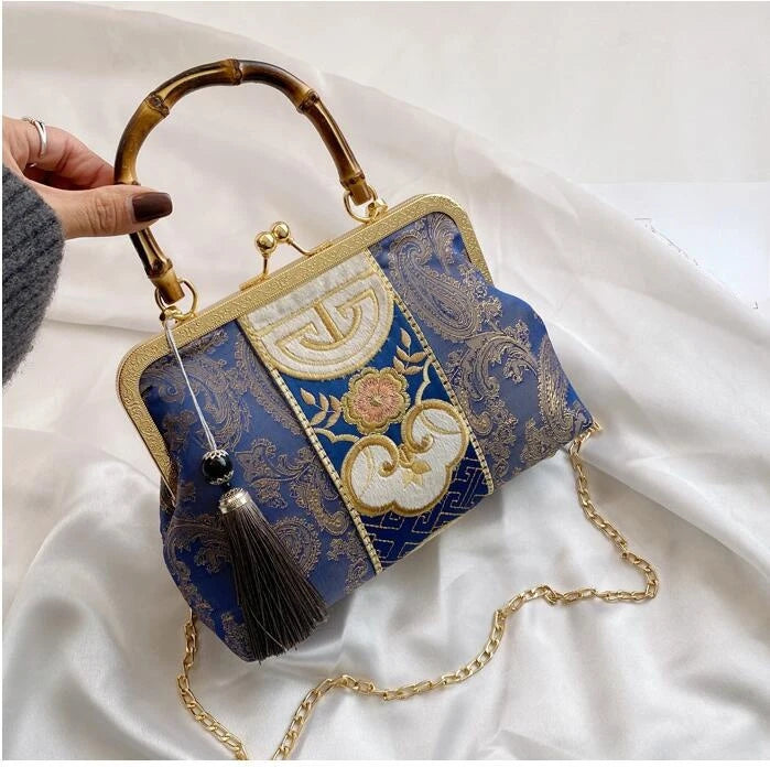 Bordado Jacquard Wood Hand Bag para Mulheres, Lock Shell Bags, Shoulder Crossbody Bag, Tote Cadeia, Bolsas Femininas, Bolsas, Designer