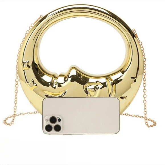 Nova Bolsa de Mão Feminina em Forma de Lua Brilhante com Corrente para Uso de Ombro Único ou Transversal Ideal para Casamentos