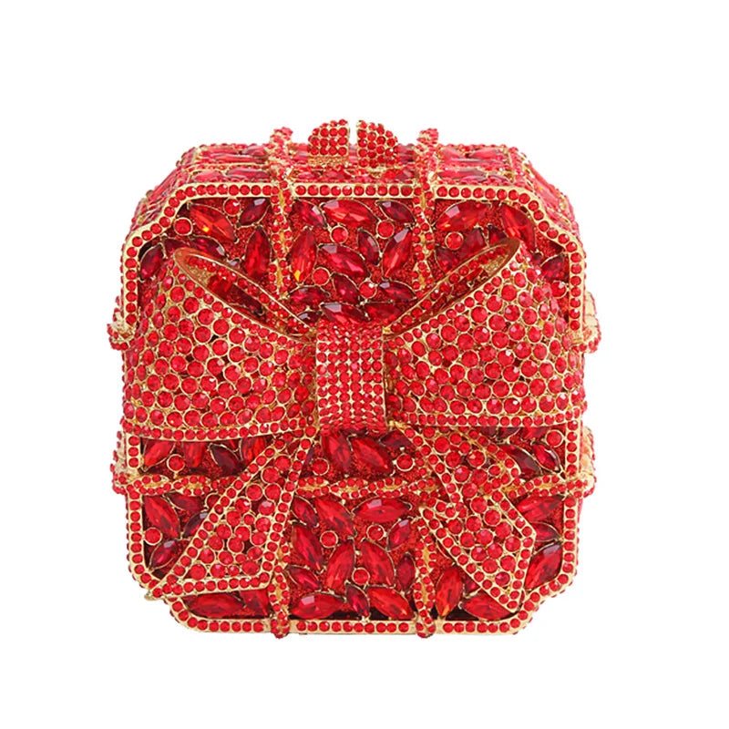 Caixa de presente com laço de borboleta incrustada com diamantes, bolsa quadrada pequena de mão com strass de alta qualidade, bolsa de ombro crossbody
