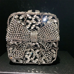 Caixa de presente com laço de borboleta incrustada com diamantes, bolsa quadrada pequena de mão com strass de alta qualidade, bolsa de ombro crossbody