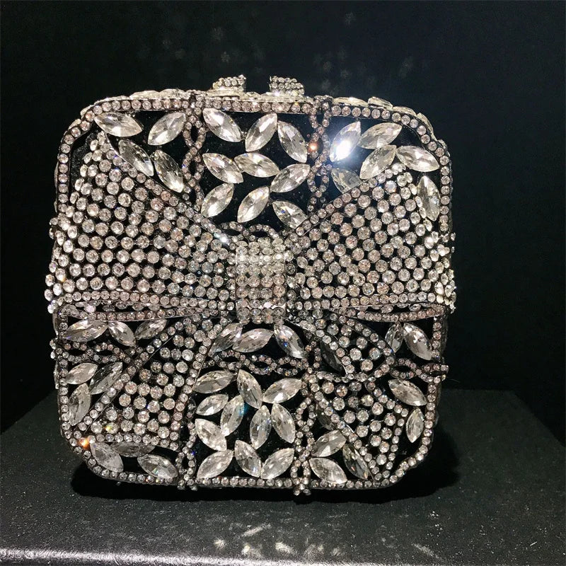 Caixa de presente com laço de borboleta incrustada com diamantes, bolsa quadrada pequena de mão com strass de alta qualidade, bolsa de ombro crossbody