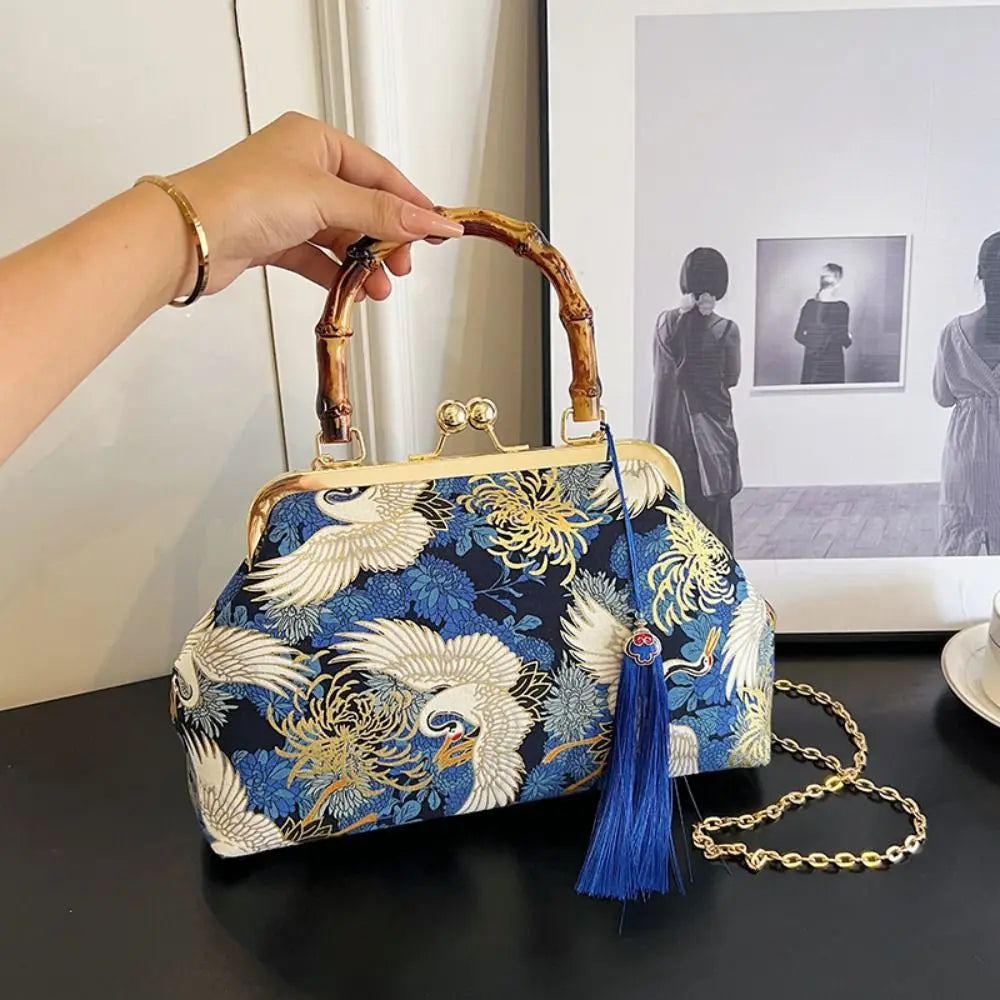 Bolsa de mão de noite com alça de rattan, guindaste coroado vermelho, estampa de borla, corrente, bolsa de ombro, bolsa crossbody para mulheres, noiva, casamento