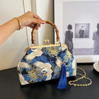 Bolsa de mão de noite com alça de rattan, guindaste coroado vermelho, estampa de borla, corrente, bolsa de ombro, bolsa crossbody para mulheres, noiva, casamento