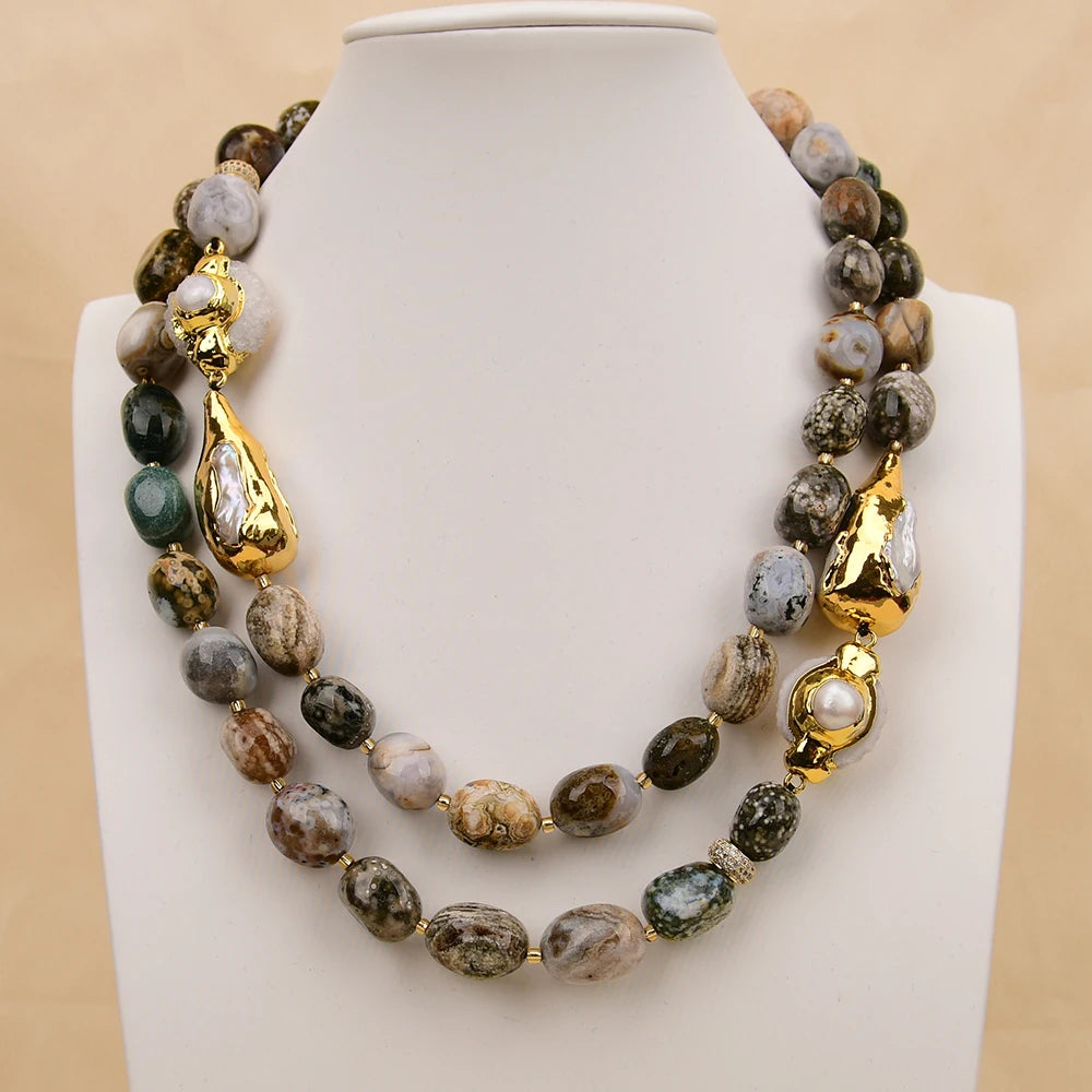 Colar de Ágata Oceânica Natural G-G com 2 Fileiras, Pérola Biwa Branca, Quartzo Druzy, Feito à Mão para Mulheres