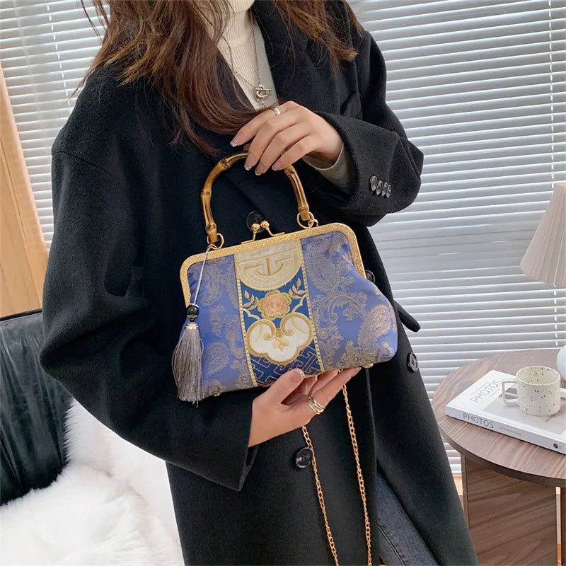 Bordado Jacquard Wood Hand Bag para Mulheres, Lock Shell Bags, Shoulder Crossbody Bag, Tote Cadeia, Bolsas Femininas, Bolsas, Designer