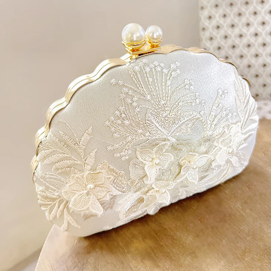 Shell clipe sacos de noite nova moda branco bordado renda embreagem férias crossbody saco corrente noiva festa casamento bolsa