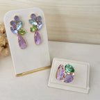 KIT DE ANEL E BRINCO DE ZIRCÔNIA BIANCA LILÁS COM MENTA